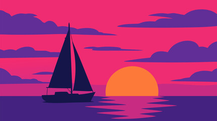 Fototapeta premium Sailboat silhouette drifting across calm ocean at vivid pink purple sunset, orange sun reflection, dramatic clouds, romantic nautical travel vector illustration for posters and wall art