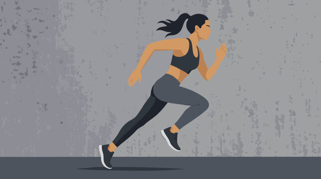 Determined female sprinter in dark athletic gear launching forward against a gritty cool gray concrete wall, dynamic fitness vector for speed, endurance, motivation and urban training themes