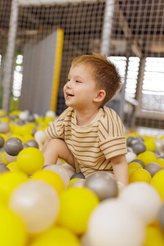 Happy little boy smiling and playing in ball pit at amusement center