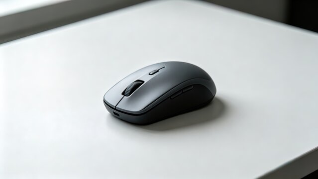 Sleek dark gray wireless computer mouse plain bright white desk natural soft window light office tech mockup