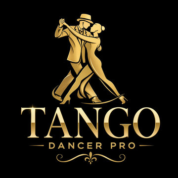 Elegant Tango Dancer Silhouette in Gold on Black Background with Typography