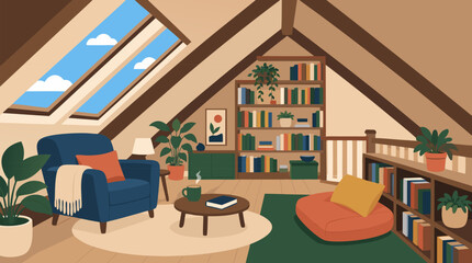 Cozy vector illustration of an attic loft reading nook with skylights, exposed wooden beams, bookshelves, armchair, plants and cushions, creating a warm home library interior retreat © Ali