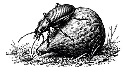 Vintage woodcut beetle illustration, black and white insect on a textured nut vector, antique biological sketch of a ground beetle on a seed pod © sajida