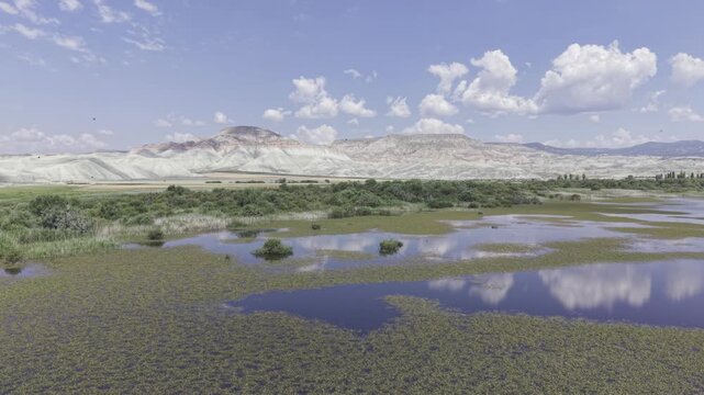 Drone Footage of Nallihan Bird Sanctuary and Rainbow Hills in Ankara Turkey Showing Wetlands and Colorful Geological Landscape