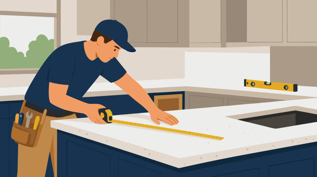 Tradesman measuring white kitchen countertops with tape measure and level, professional cabinet installation vector illustration for renovation, remodeling, stone surface fitting, and carpentry