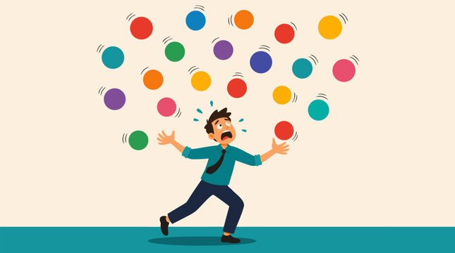 Frantic businessman juggling too many colorful spinning balls, anxious multitasking vector concept for workplace stress, overload, deadlines, chaos, productivity pressure and time management
