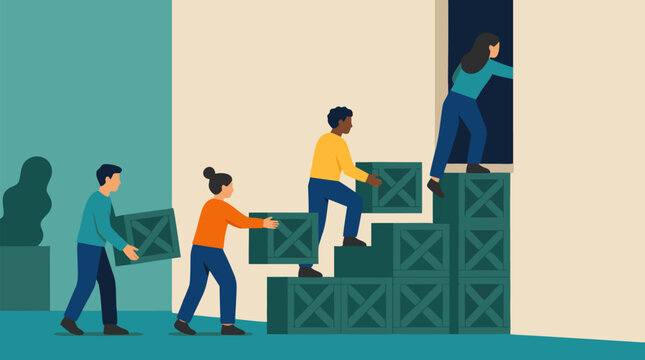 Collaborative coworkers stack green crates into makeshift stairs to reach a high doorway, illustrating teamwork, ambition, shared goals, creative problem solving, opportunity vector concept