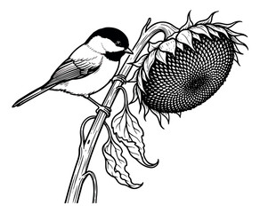Vintage chickadee bird perched on sunflower vector, botanical line art illustration, black and white garden songbird and floral drawing © sajida