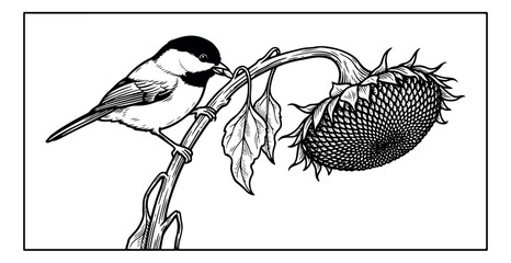 Vintage chickadee bird perched on sunflower vector illustration, black and white songbird line art, botanical garden nature drawing for coloring © sajida