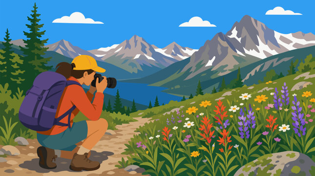 Adventurous traveler photographing colorful alpine wildflowers on a sunny mountain hiking trail, backpacker with camera overlooking blue lake, peaks and wilderness vector landscape