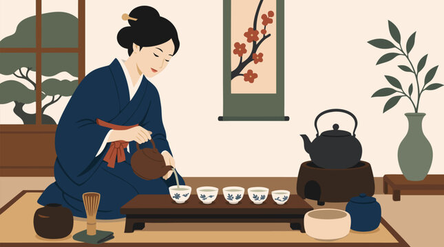 Elegant Japanese tea ceremony with kimono clad host pouring steaming tea into porcelain cups, tatami room, iron kettle, floral scroll and serene cultural ritual vector scene interior