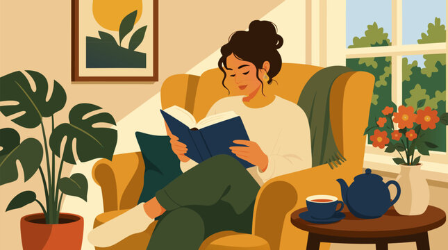 Cozy woman reading a thick novel in a golden sunlit armchair with tea, houseplants, flowers and window garden, peaceful home leisure vector illustration for relaxation and selfcare