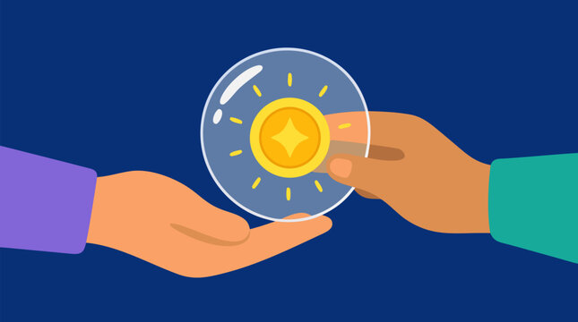 Hands exchanging a glowing coin inside a transparent protective bubble, secure payment, safeguarded investment, trusted transaction, digital finance insurance and value protection vector illustration