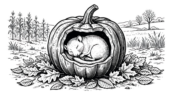 Vintage woodcut mouse sleeping in pumpkin, hand drawn autumn harvest illustration, black and white line art of field mouse in gourd