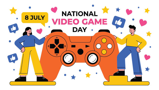 People stand beside a giant video game controller to celebrate National Video Game Day.