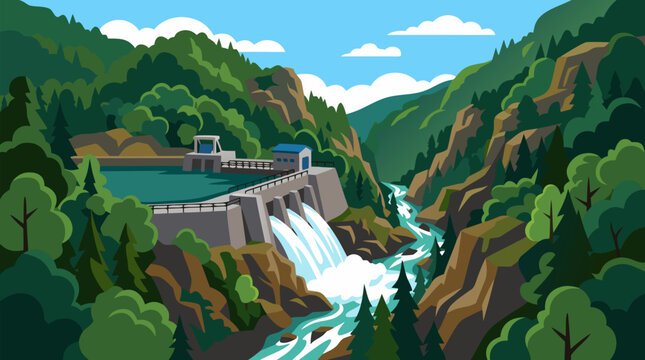 Small hydroelectric dam releasing whitewater into a lush forested gorge, scenic renewable energy vector landscape with reservoir, cliffs, evergreens and mountain river valley ecosystem