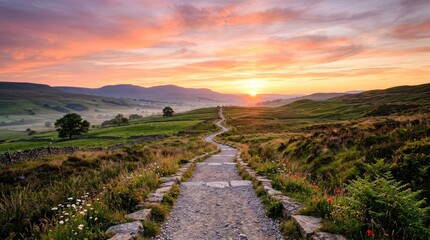 Fototapeta premium The sun rises over a picturesque valley, casting a warm glow across the landscape. A winding stone path leads into the distance, flanked by lush green vegetation and a stone wall.