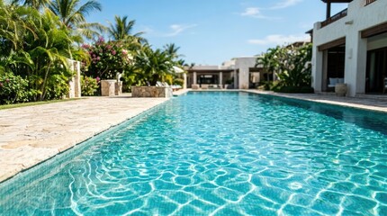 Fototapeta premium A long, rectangular swimming pool reflects a bright blue sky and lush tropical vegetation. The pool’s surface displays shimmering ripples and a mosaic tile pattern.