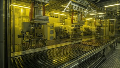 Fototapeta premium Ultra-clean semiconductor fabrication room with robotic wafer handling systems and yellow-tinted lighting, concept of smart manufacturing, industrial automation and future factory technology