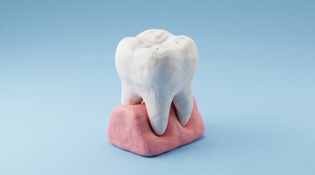 A handcrafted clay model of a molar tooth stands upright on a pink clay tongue base against a soft blue background, illustrating dental anatomy.