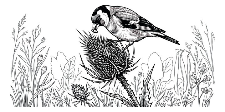 Vintage goldfinch bird illustration, hand drawn songbird on thistle plant, botanical garden sketch vector, black and white wildlife nature scene