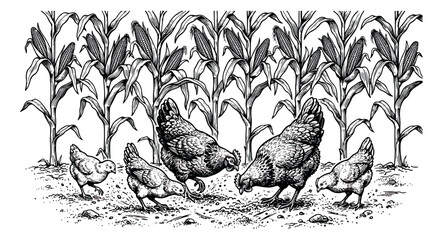 Vintage engraving of chickens in a corn field, rustic farm poultry illustration, hand drawn hens foraging in organic corn stalks vector © sajida