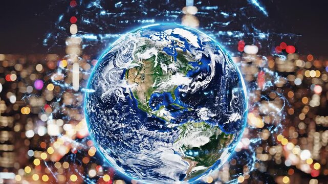 Earth globe rotating with digital effects over a blurred city skyline at night, showcasing vibrant lights and urban atmosphere in the background