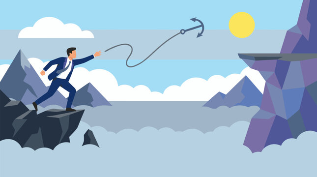 Determined businessman in suit throwing grappling hook toward distant mountain ledge above clouds, ambitious corporate climb metaphor, overcoming challenges and reaching goals vector illustration