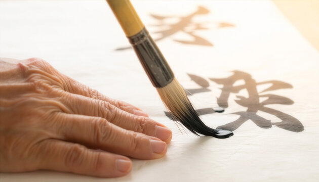 Close-up of an artist painting Chinese calligraphy with a traditional brush on rice paper, showcasing graceful ink strokes, timeless craftsmanship, cultural heritage, and authentic artistic expression