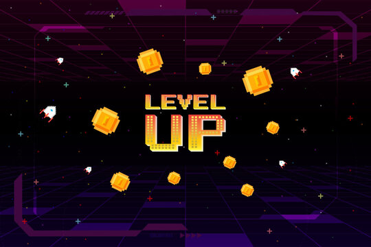 Level up. Pixel art 8 bit. Retro Futurism Sci-Fi Background. glowing neon grid. and stars from vintage arcade computer games.