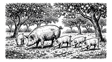 Vintage woodcut illustration of a pig and piglets in an apple orchard, rustic farm animal engraving, traditional countryside livestock scene © sajida