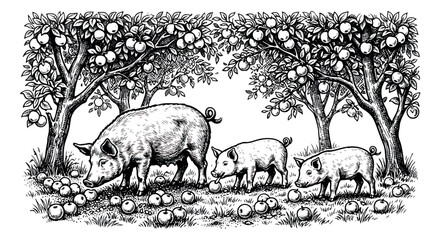 Vintage woodcut style pig and piglets in apple orchard, hand drawn farm animals vector, rustic agricultural scene with sow and fruit trees © sajida