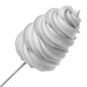Sweet white cotton candy on a stick. Grayscale 3D render of fluffy fairy floss carnival snack on isolated background. Festive dessert design element.