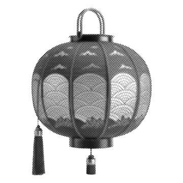 Hanging oriental lantern with mountain and wave pattern. Grayscale 3D render of traditional festive lamp on isolated background. Asian culture lighting design element.