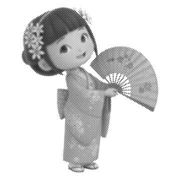 Cute Japanese girl cartoon character in traditional kimono holding a folding fan. Grayscale 3D render of sweet chibi figure on isolated background. Oriental culture design element.