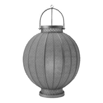 Hanging Asian lantern with vertical ribs. Grayscale 3D render of traditional round lamp on isolated background. Oriental festive lighting design element.