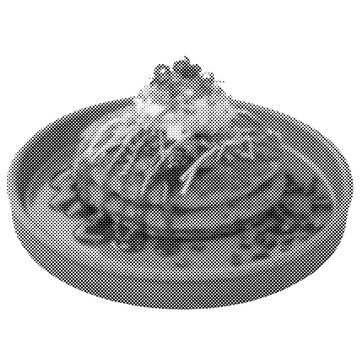 Japanese okonomiyaki savory pancake on round plate. Grayscale 3D render of traditional street food on isolated background. Asian culinary meal design element.