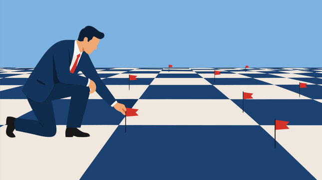 Strategic executive kneeling to plant red flags on vast chessboard floor, market expansion and territorial conquest concept, business positioning and competitive strategy vector illustration