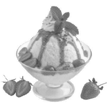 Strawberry shaved ice dessert in glass bowl. Grayscale 3D render of sweet summer bingsu snack on isolated background. Asian culinary treat design element.