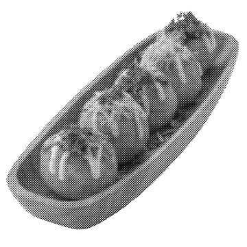 Japanese takoyaki octopus balls in wooden boat plate. Grayscale 3D render of traditional street food snack on isolated background. Asian culinary design element.