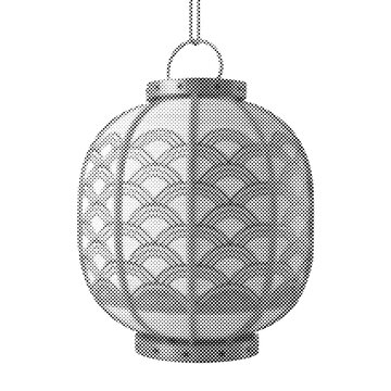 Hanging Japanese lantern with traditional wave pattern. Grayscale 3D render of round chochin lamp on isolated background. Oriental festive lighting design element.