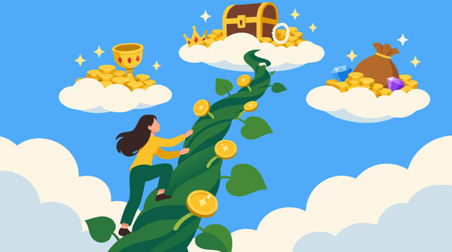 Ambitious woman climbing a giant beanstalk sprouting golden coins toward treasure clouds, sparkling wealth goals, investment growth, and financial success in playful flat vector style