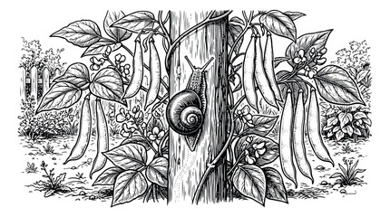 Vintage botanical engraving of bean plants in a garden, hand drawn snail on a wooden post, rustic black and white vegetable garden vector illustration © sajida