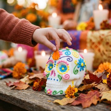 A colorfully painted decorative skull with turquoise floral patterns sits amid vibrant marigold and purple flowers, celebrating a festive cultural tradition.