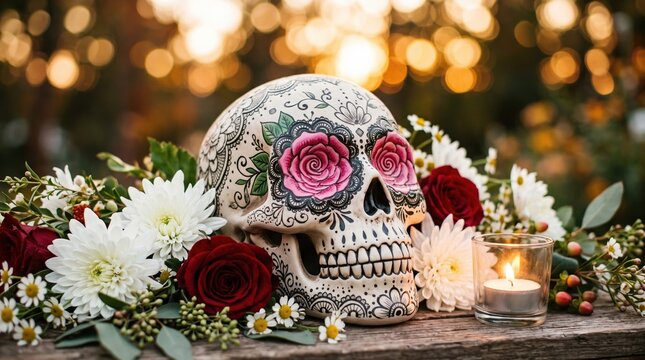 A hand-painted decorative skull with floral patterns rests among red and white flowers beside a lit candle, creating a festive memorial display.