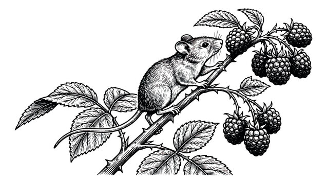 Vintage woodcut mouse on blackberry branch, hand drawn field mouse engraving, botanical wildlife illustration in black and white