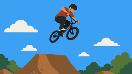 Obraz premium Fearless BMX rider launching high above a dirt jump under a clear blue sky, dynamic freestyle bicycle stunt vector illustration for action sports, youth culture, tricks, and adrenaline
