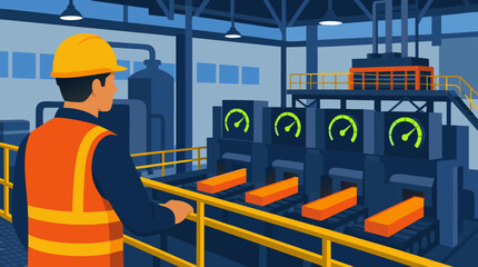 Fototapeta premium Factory supervisor in hard hat monitors glowing production gauges from elevated catwalk as hot metal bars move through automated industrial line, safety focused manufacturing vector illustration