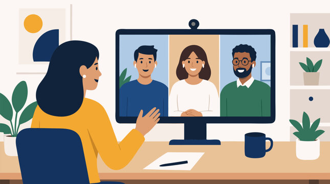 Woman conducts friendly video interview from home office with three remote colleagues on large monitor, virtual hiring meeting and online recruitment modern workplace communication vector illustration