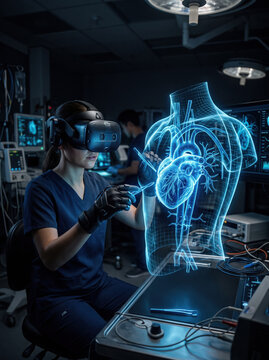 A healthcare professional wears a virtual reality headset while interacting with a glowing holographic display of human internal organs in a clinical setting.
